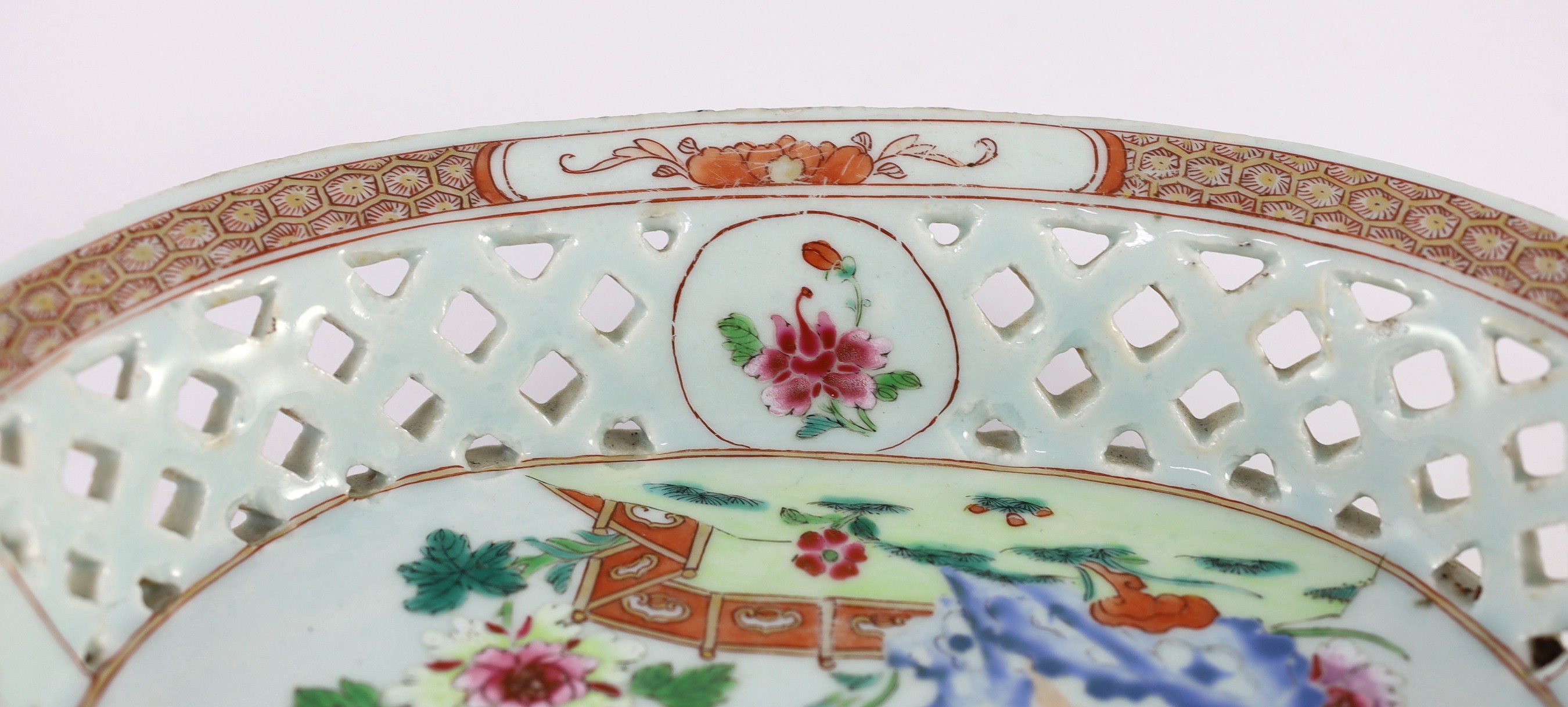 A Chinese famille rose oval two handled basket, Qianlong period, 31.5cm wide, chips to rim